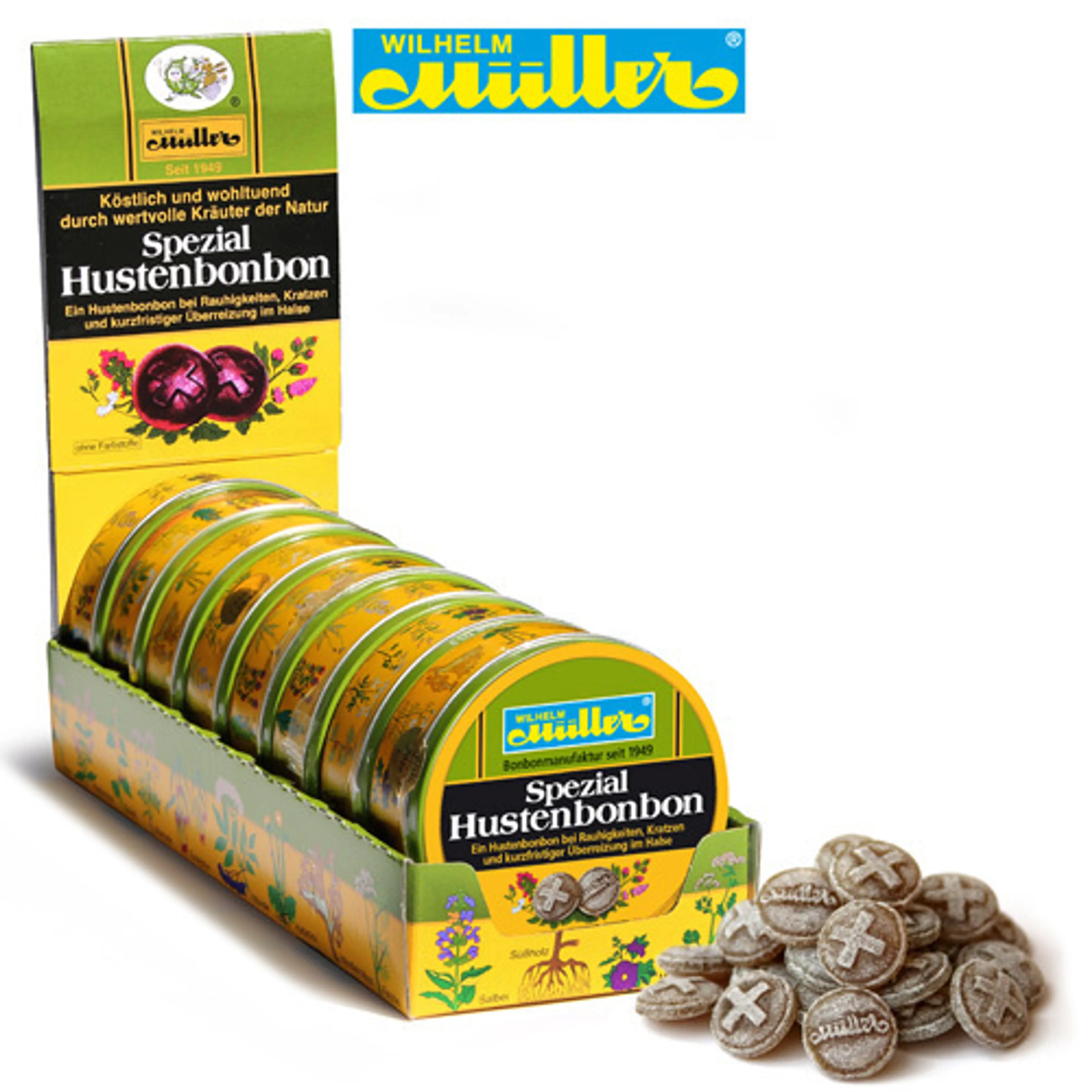 Spezial Hustenbonbons im Display mit 8 großen Dosen