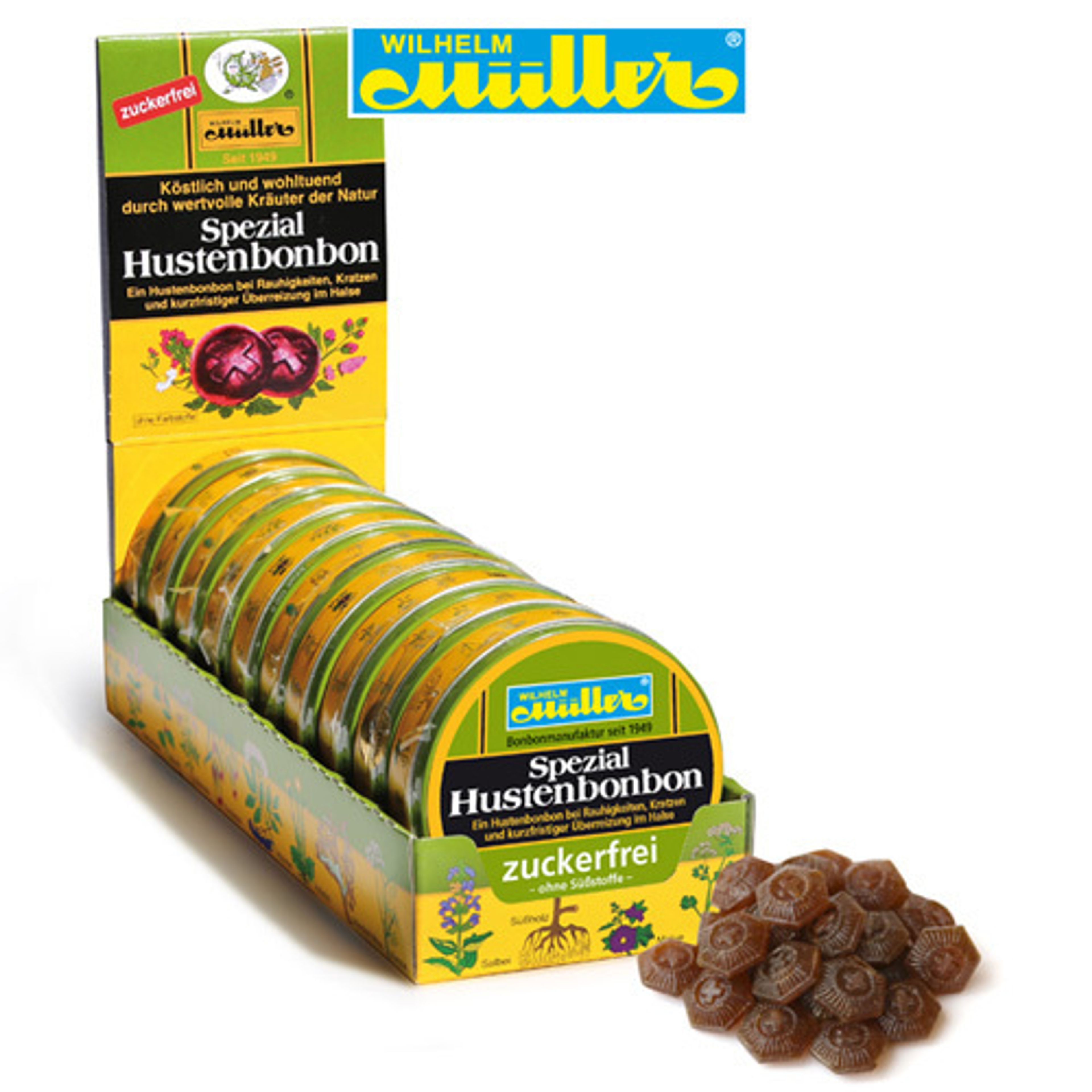 Spezial Hustenbonbons (zuckerfrei) im Display mit 10x100g Dosen