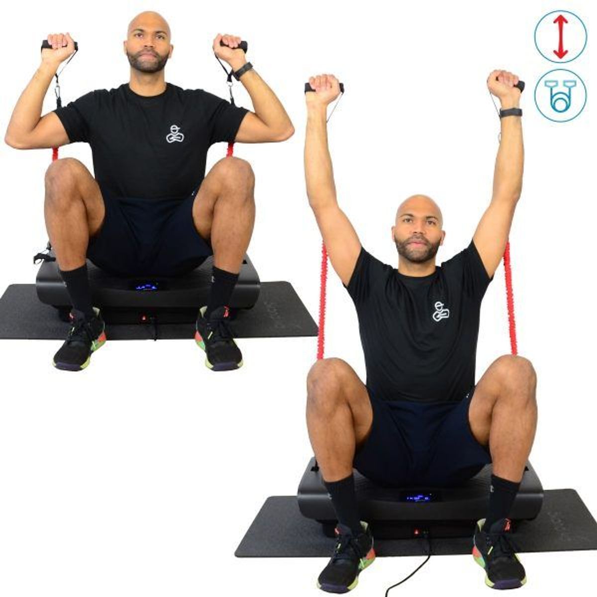 Ausgang- und Endposition der Übung Shoulderpress Sitting mit Widerstandsbändern und Vibrationsplatte