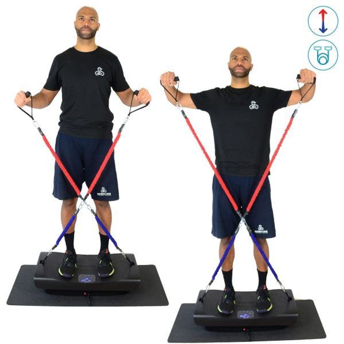 Ausgang- und Endposition der Übung Shoulder Side Lift mit Widerstandsbändern und Vibrationsplatte