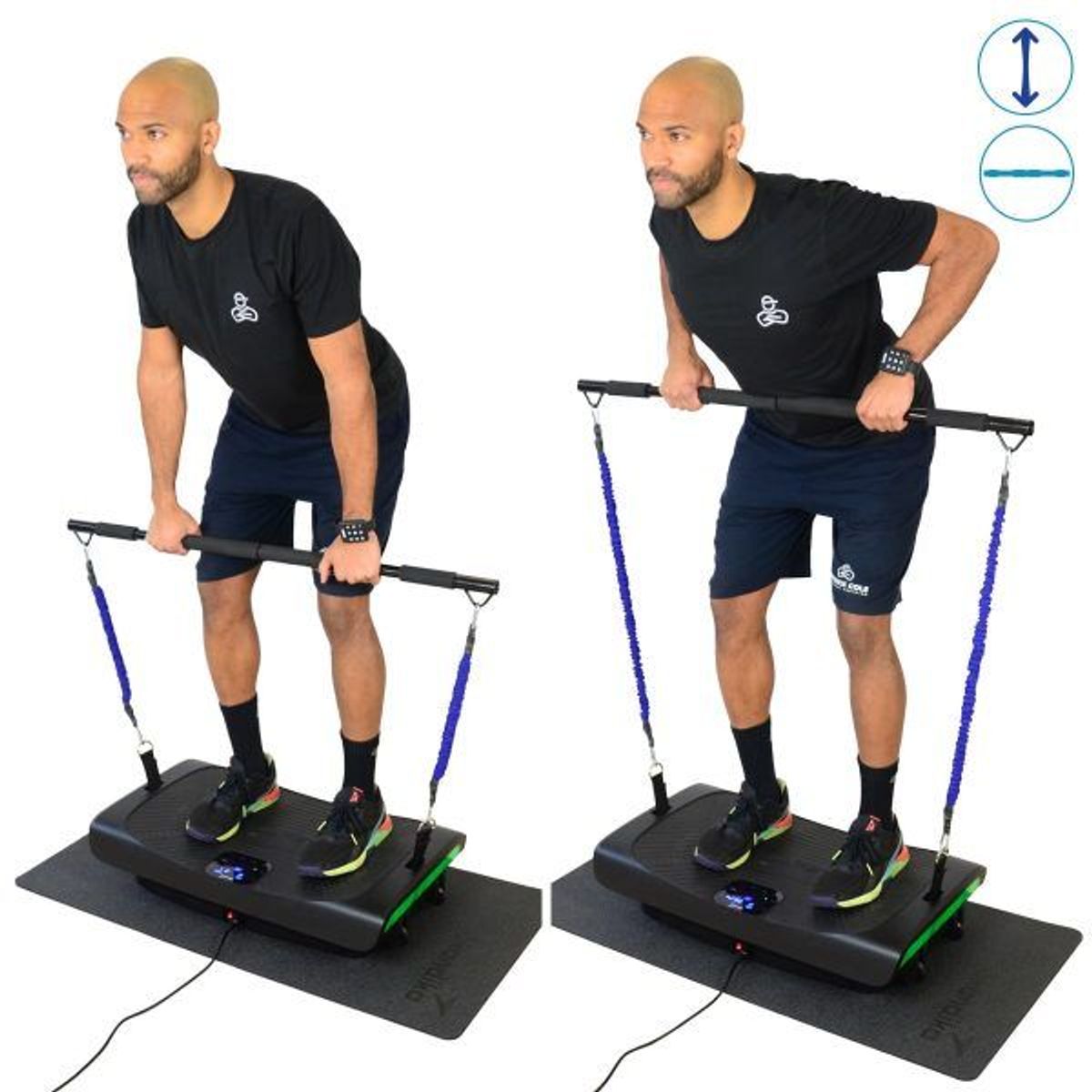 Ausgang- und Endposition der Übung Rowing Bar mit Widerstandsbändern und Vibrationsplatte