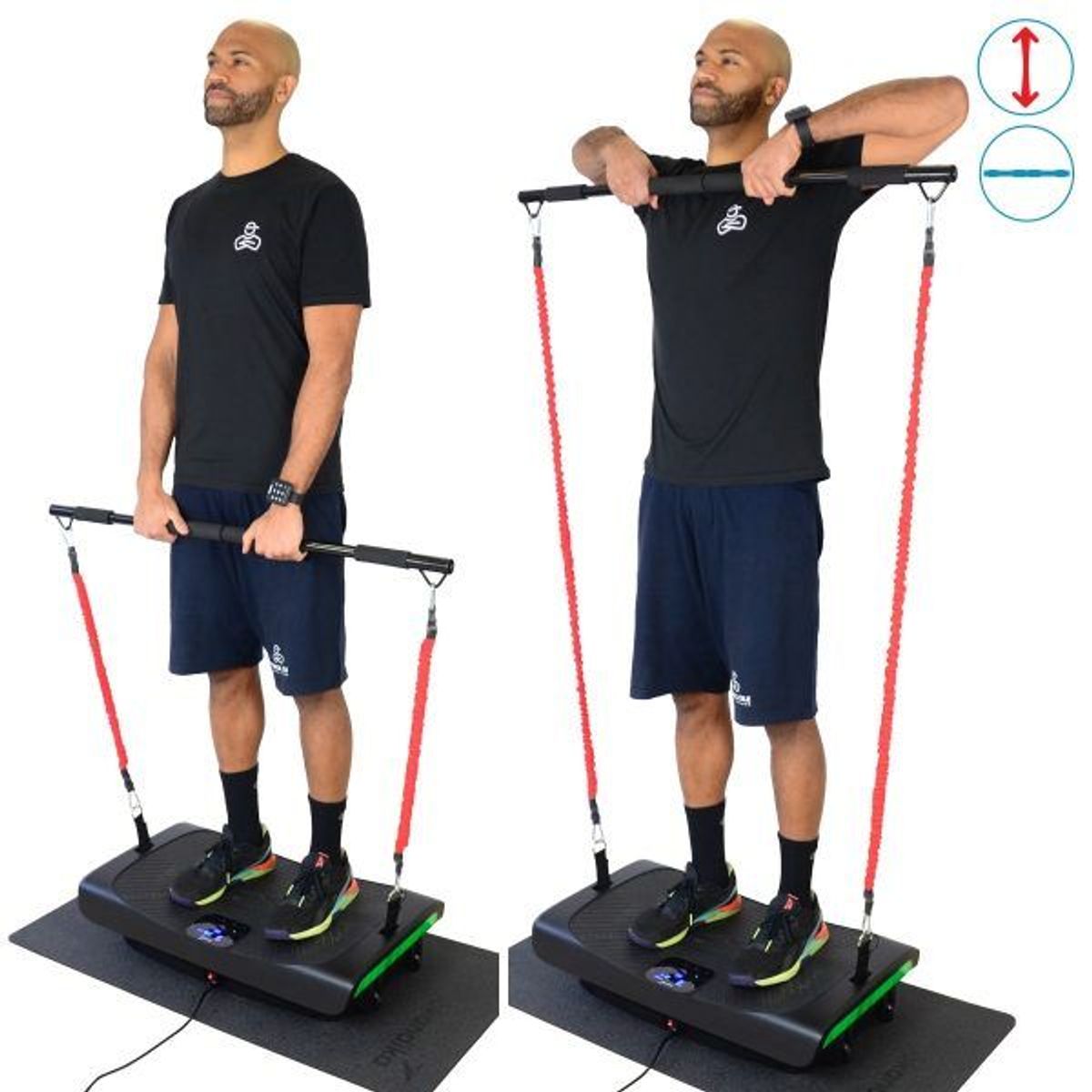 Ausgang- und Endposition der Übung Upright Row mit Widerstandsbändern und Vibrationsplatte