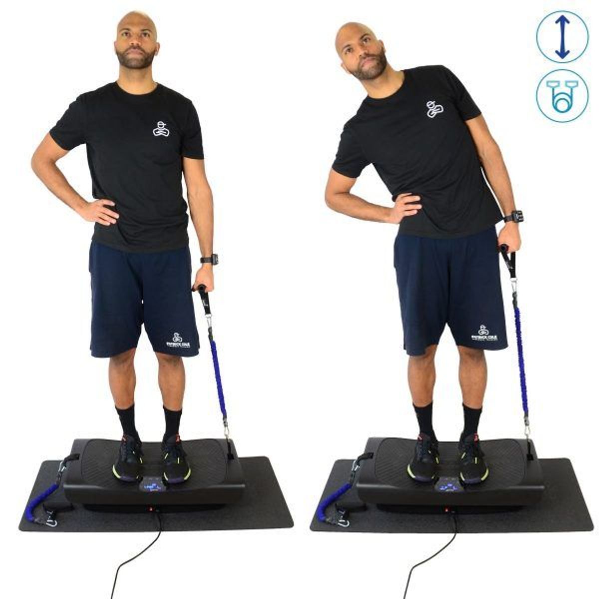 Ausgang- und Endposition der Übung Side Bend mit Widerstandsbändern und Vibrationsplatte