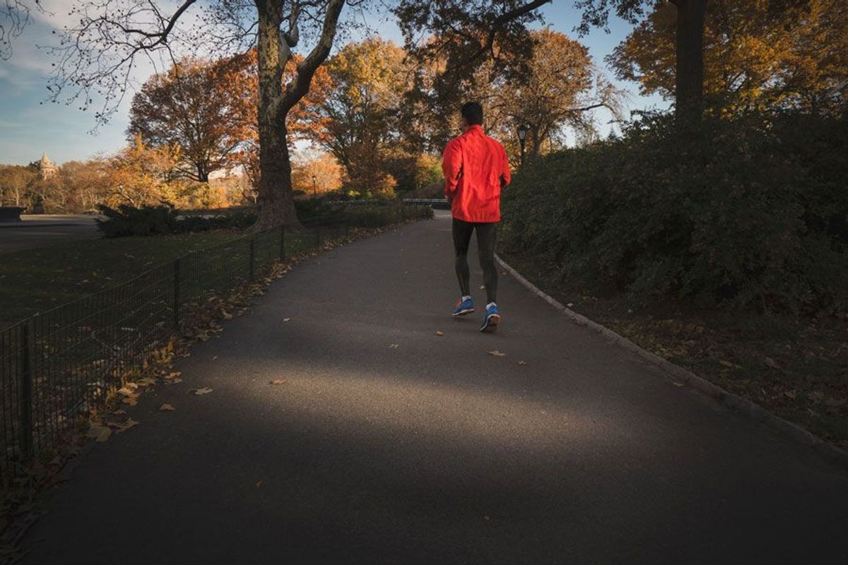 Sportler mit roter Jacke im Park beim Joggen