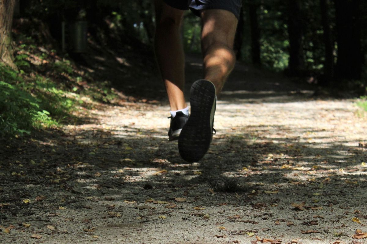 Beine von einem Jogger auf Waldweg bei Sonnenschein