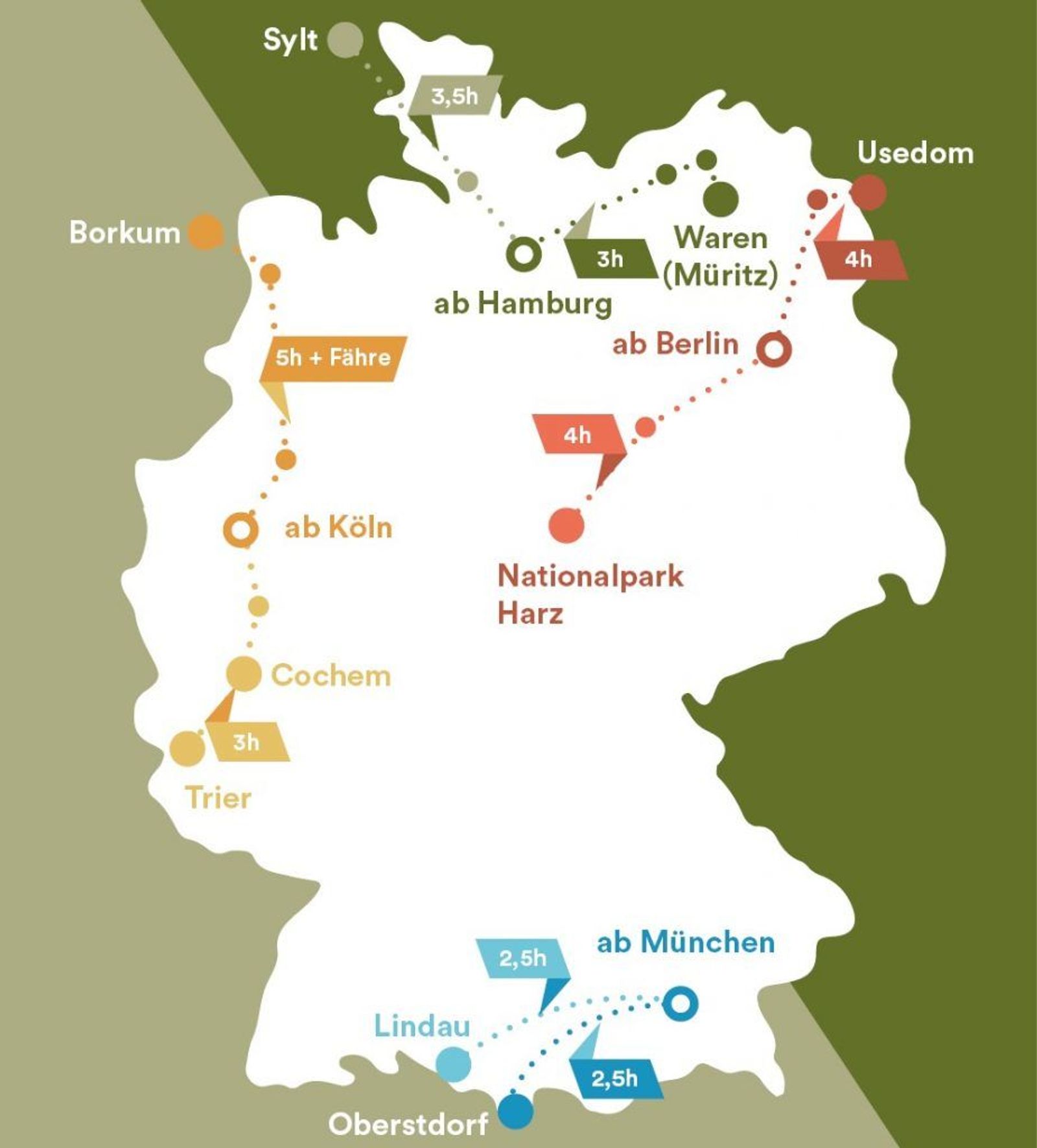 Landkarte von Deutschland mit Zugverbindungen
