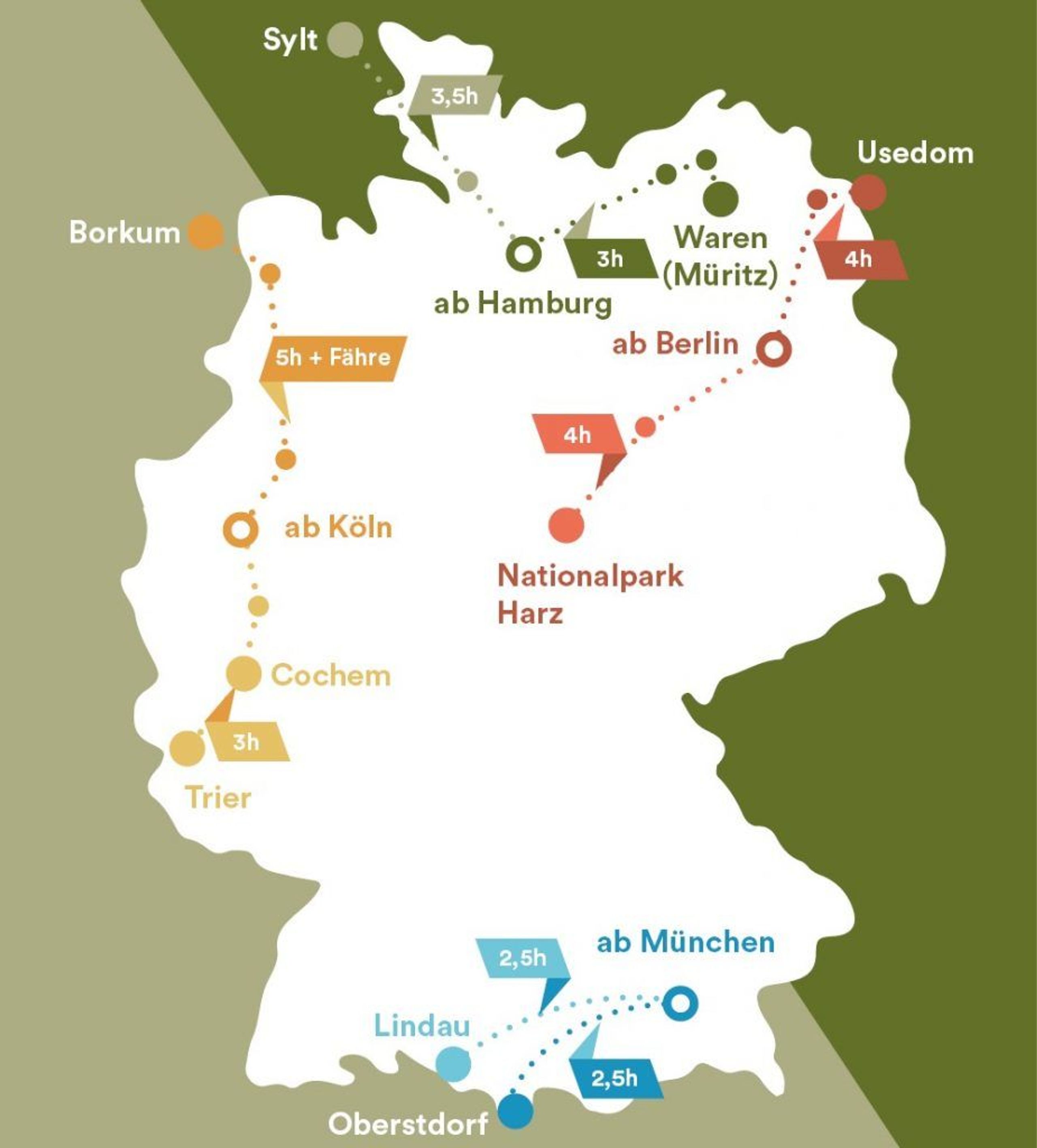 Landkarte von Deutschland mit Zugverbindungen