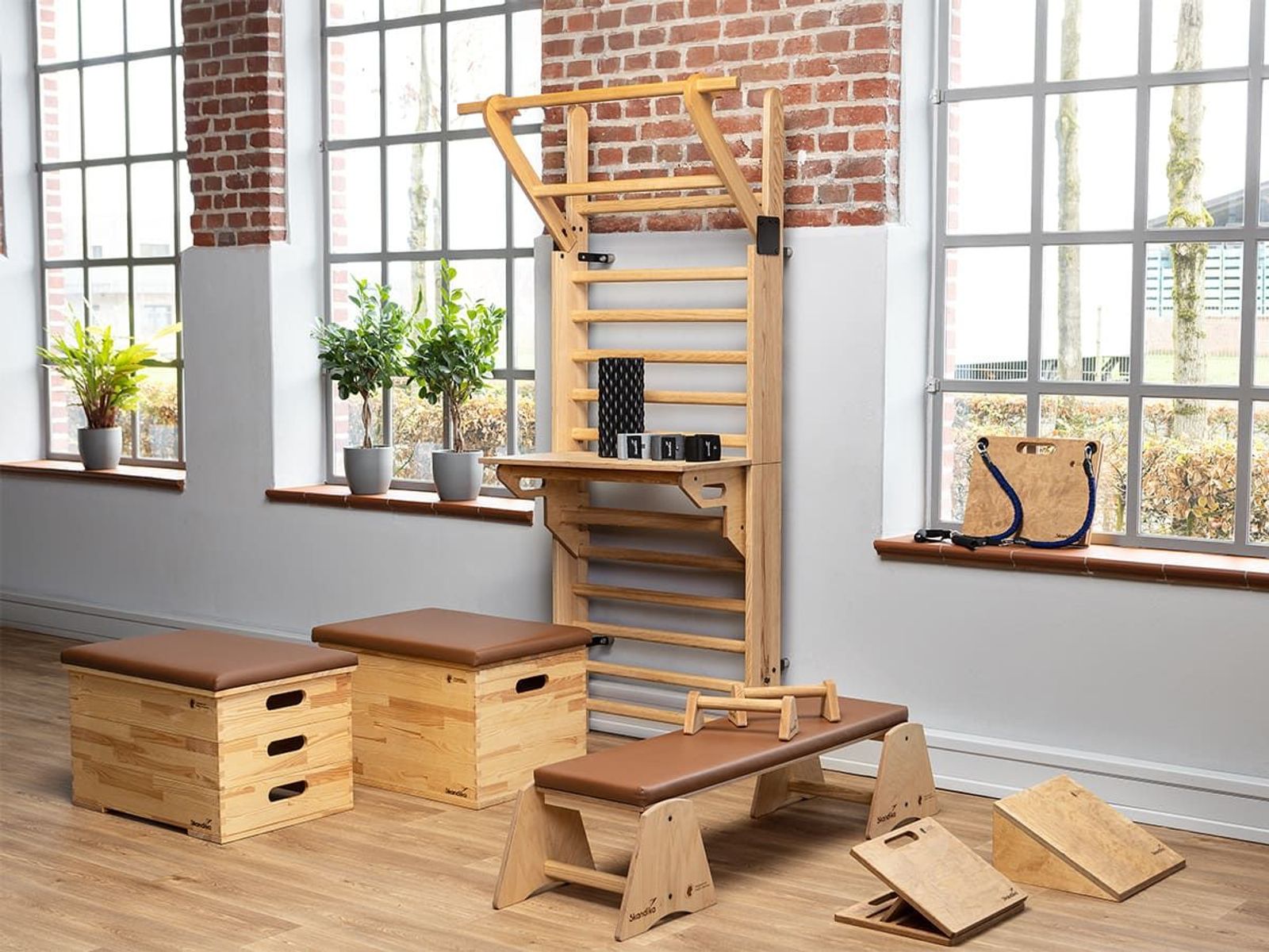 Vira Fitnessgeräte aus Holz alle aufgestellt und präsentiert